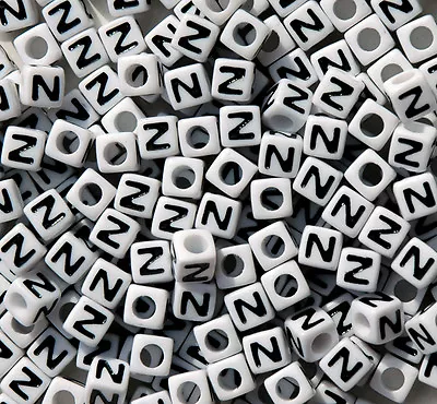 Letter N - 100pc 7mm Alphabet Beads White With Glossy Black Letters • $5.99