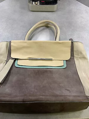 Warehouse Tote Bag Faux Leather Brown Beige With A Trim Of Teal/blue • £5