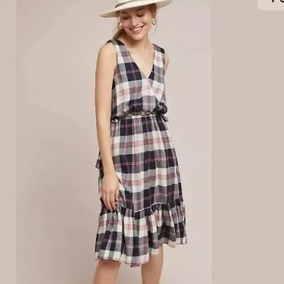 Anthropologie Isabella Sinclair Dickens Pink Blue White Plaid Dress Size Medium • $49