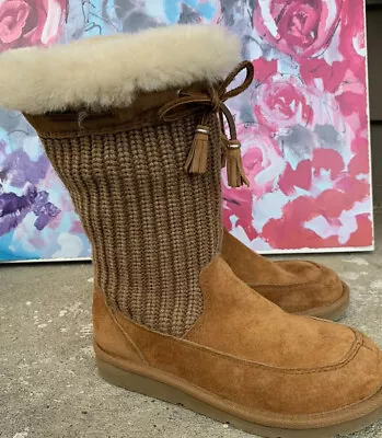 UGG Australia 5124 Suburb Brown Suede Crocheted Shearling Sweater Boots Size 6m • $36.99