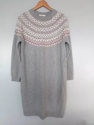 WOOLOVERS Jumper Dress FAIR ISLE KNIT Light Grey & Peachy Pink 100% Wool Medium • £24