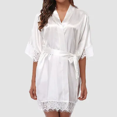 Women Lace Satin Silk Lingerie Nightdress Ladies Sexy Wrap Dress Gown Night Robe • £7.19