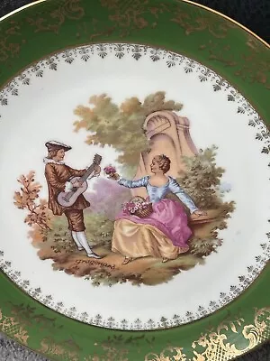 Vintage Limoges Porcelain Plate Green 22K Gold Decorative Courting Scene 9” • £10.56