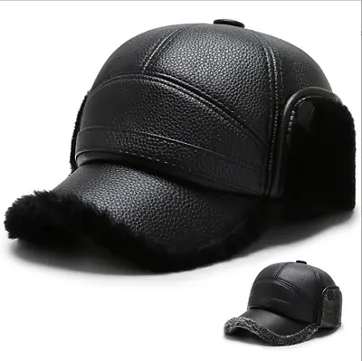 Men's Genuine Leather Baseball Caps Winter Hats With Ear Flaps Warm Cap Hat Gift • $13.50