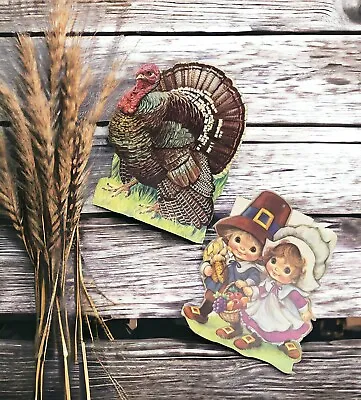 2 Vintage Thanksgiving  Die Cut Cardboard Cutouts Decorations  Turkey Pilgrims • $12.99