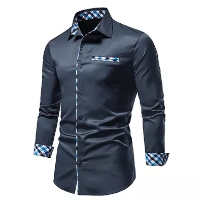 Stylish Men's Plaid Shirt Slim Fit Casual Long Sleeve Tops Autumn Winter • £27.02