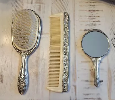 Vintage  Silver Plated Hair Brush Hand  Mirror And Comb Vanity Set  • $19.99