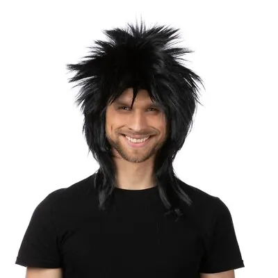 Black Mullet Spiky Faux Hair Rock Star Punk Rocker Wig Cosplay Fancy Dress Party • £12.99