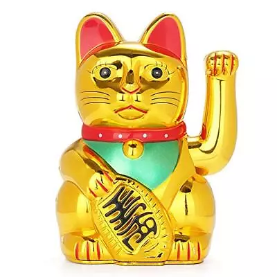 Maneki Neko Lucky Fortune Cat Japanese Lucky Cat With Waving Arm Gold Battery... • $15.79