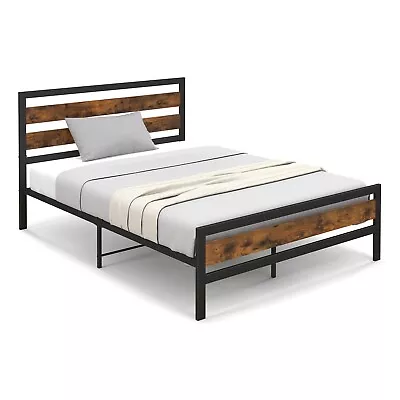 Double Bed Frame Industrial Metal Platform Bed With Headboard And Footboard • £119.95