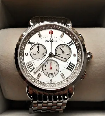 Michele Sporty Sport Sail Diamond Chronograph 38mm Watch .37tcw Silver Nib $2295 • $1269