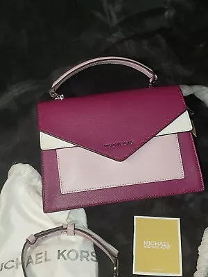 Michael Kors Ludlow Medium Tri-Color Crossgrain Leather Satchel Bag Garnet Lilac • $244