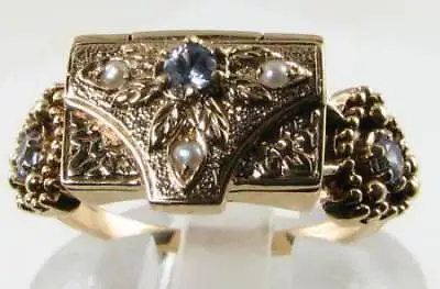 Pillbox 9ct Gold Ceylon Sapphire Pearl Locket Poison Art Deco Ins Ring Free Size • £499