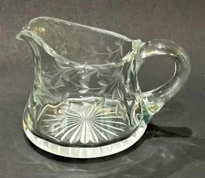 Vintage Small Creamer Milk Pitcher Clear Glass Etched Flower Leaf Design 3 Inch • $6.88