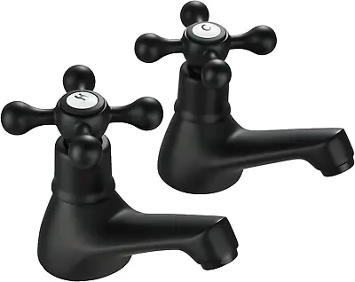 Basin Pillar Taps Pair Black Mixers Victorian Twin Bathroom Sink Tap • £38.91
