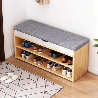 3 Tier Wooden Shoe Bench With Cushion Storage Rack Padded Seat Ottoman Hallway  • £39.95