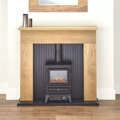 Electric Fire Stove Oak Mantle Black Modern Fireplace Logs Surround Suite Bnib • £542.90