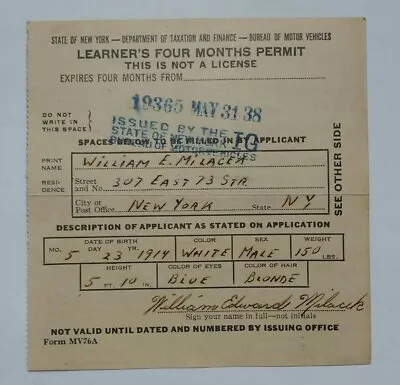 Vintage 1938 New York State Learners Four Months Permit NYC Not  Drivers License • $17.96