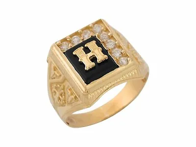 10k Or 14k Yellow Gold Black Onyx White CZ Accented Mens Letter H Initiai Ring • $394.99