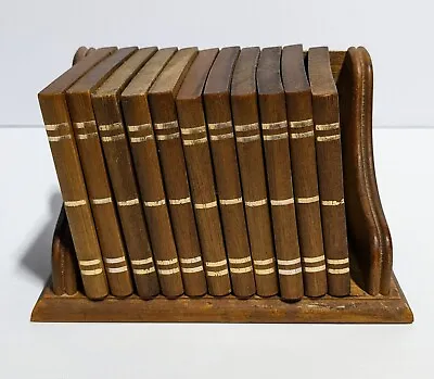 Vintage Wood Cork 11 Coasters Coaster Set MCM Books Bookshelf Encyclopedia Set • $19.99