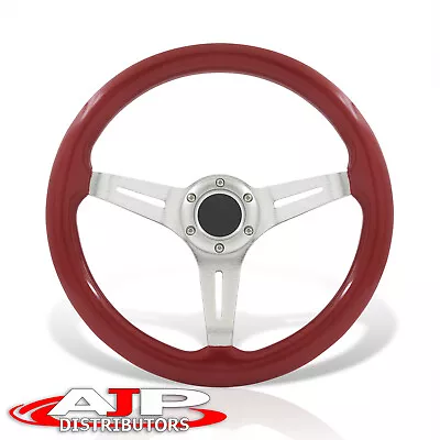 6Bolt Chrome Aluminum Red Wood Deep Dish Steering Whee+lHorn Universal 14  350mm • $54.99