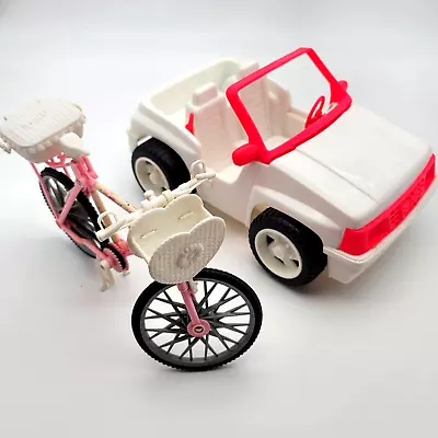 Barbie Doll Jeep Car White And Pink Mattel And Bicycle With Baskets • $19.95