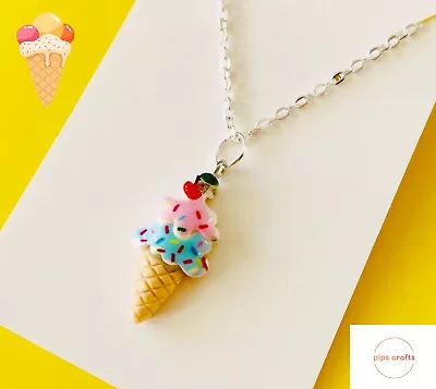 Ice Cream & Sprinkles Necklace - 18 Inch Silver Chain Quirky Handmade Jewellery • £3.95