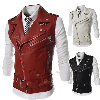 Mens Casual PU Leather Vest Tops Motorcycle Punk Jackets Sleeveless Waistcoat • $28.49