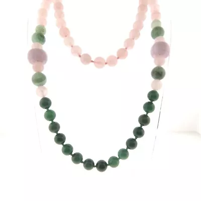 Vintage Green And Lavender Jade Bead Rose Quartz Necklace 30 In • $78.48