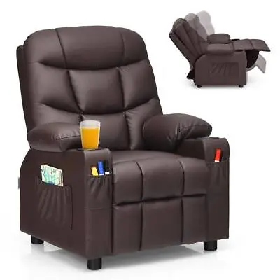 Costway Kids Chair Brown Faux Leather Upholstery Recliner+Cup Holder+Side Pocket • $201.01