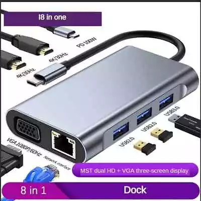 8in1 USB C Hub HDMI Adapter Type C To HDMI 4k USB 3.0 100W PD VGA RJ45 2x USB2.0 • $48.99