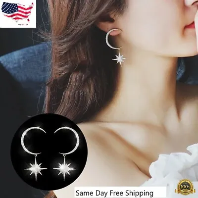 $3.99 • Buy 925 Silver Plated Sun Moon Star Dangle Drop Earrings Women Jewelry Simulated