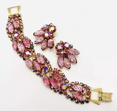 JULIANA Delizza Elster Pink Cat Eye Foil Glass Bracelet Earrings Vintage Jewelry • $295