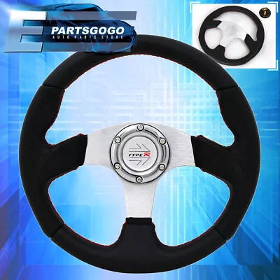 Universal Black Silver Steering Wheel Red Stitching + Type R Horn Button • $38.99