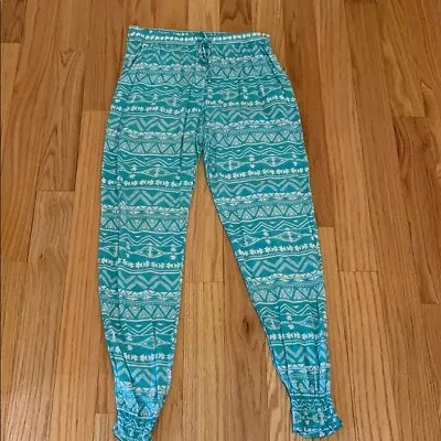 White And Teal Tribal Print Pants Elastic Joggers Light Weight  Woman's OS • $9.99