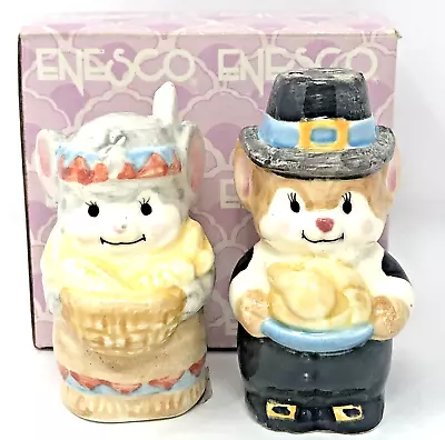 VTG 90s Thanksgiving Pilgrim & Indian Mouse Salt & Pepper Enesco Shakers W/Box • $16.99