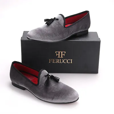 FERUCCI Gray Custom-made Velvet Slippers Loafers With Black Tassel • $97.49