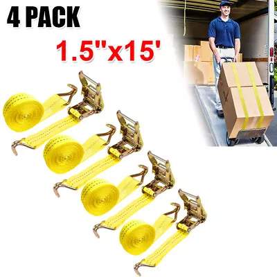 4X New 1.5  X 15' 4400 Lb Ratchet Straps J Hook Heavy Duty Tie Downs  • $33.99