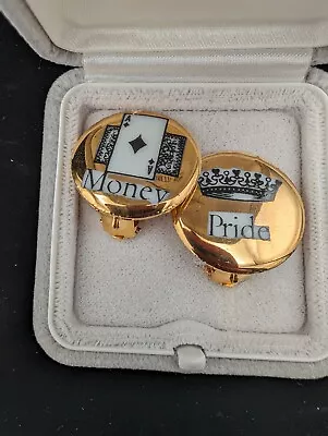 Fornasetti 1970’s Gold Tone Enamel “Money / Pride” Earrings • $750