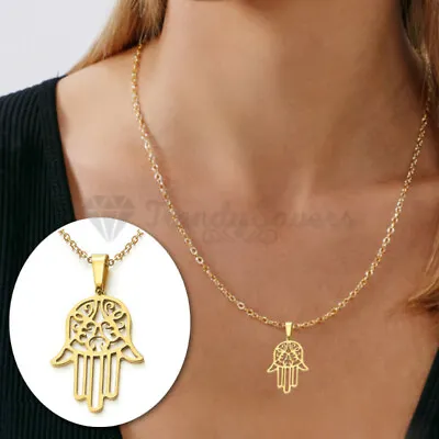 Gold Filled Stainless Steel Hand Of Fatima Hamsa Pendant Evil Eye Charm Necklace • £3.99