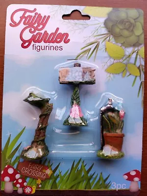 Fairy Garden Figurines Welcome Sign/Frog Pad/Tulips 3 Pc Fairy Crossing-New • $10