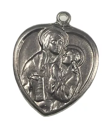 Vintage Catholic St Anne & Guardian Angel Silver Tone Religious Heart Medal • $8.99