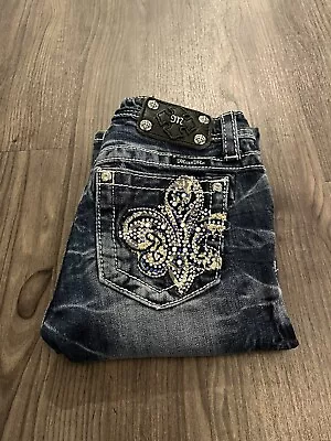 MISS ME Denim Girls Size 12 Bling Fleur Rhinestones Low Rise Skinny Blue Jeans • $29.99