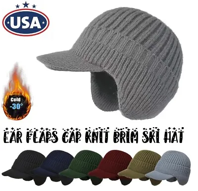 Ear Flaps Cap Knit Brim Ski Hat Winter Warm Stretch Beanie Outdoor Men Women Hat • $9.44