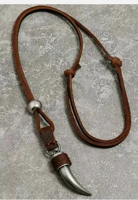 Mens Brown Leather Cord Necklace Bronze Metal Horn Pendant Adjustable Free P&p • £9.99