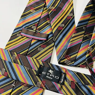 New ETRO Modern Designer Multicolor Stripe Silk Tie W Logos All Over 57.5x3.5” • $62