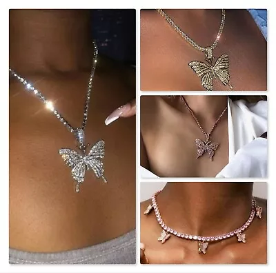 Big Butterfly Crystal Long Necklace Choker  Ladies Pendant Bling • £4.70