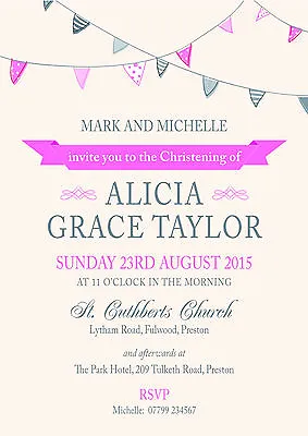 £6.49 • Buy PERSONALISED CHRISTENING PARTY INVITES Bunting Pink Invitations Pack Of 10