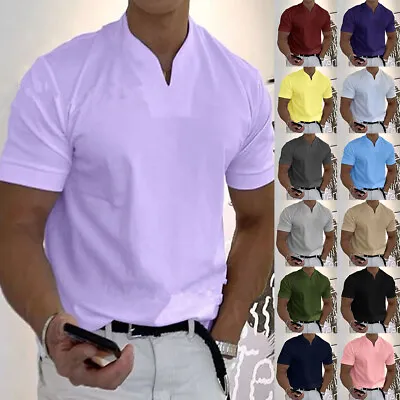 £9.69 • Buy Mens Plain Button Henley Shirts Summer Short Sleeve Loose Casual Grandad T-Shirt