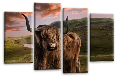 £29.99 • Buy Scottish Highland Cow Art Print Stag Landscape Framed Split Canvas Picture